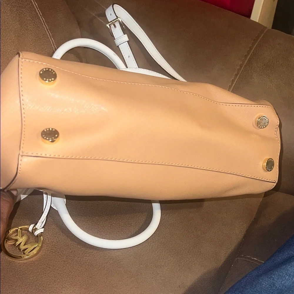 Michael Kors White and Tan Leather Satchel with Gold Hardware